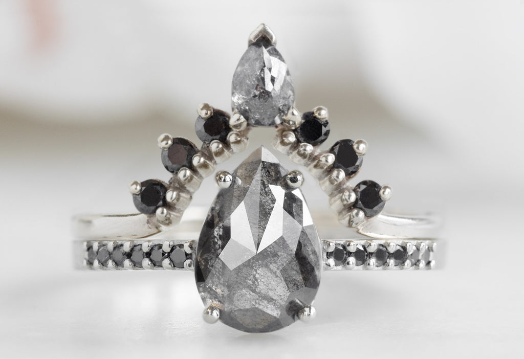 The Willow Ring with a Rose-Cut Black Diamond with Black Diamond Sunburst Stacking Band