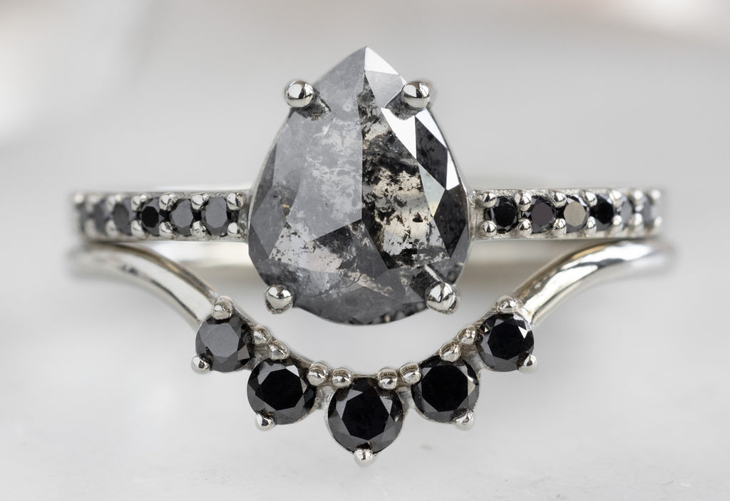 The Willow Ring with a Rose-Cut Black Diamond with Black Round Diamond Sunburst Stacking Band