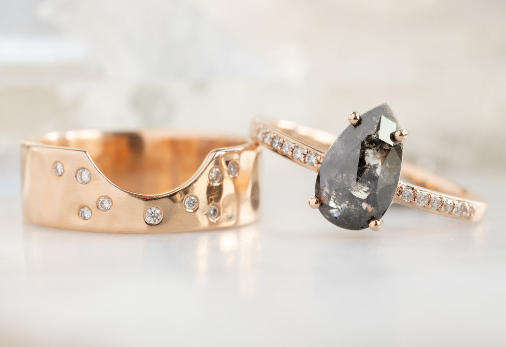 The Willow Ring with a Rose-Cut Black Diamond with Constellation Cut-Out Stacking Band