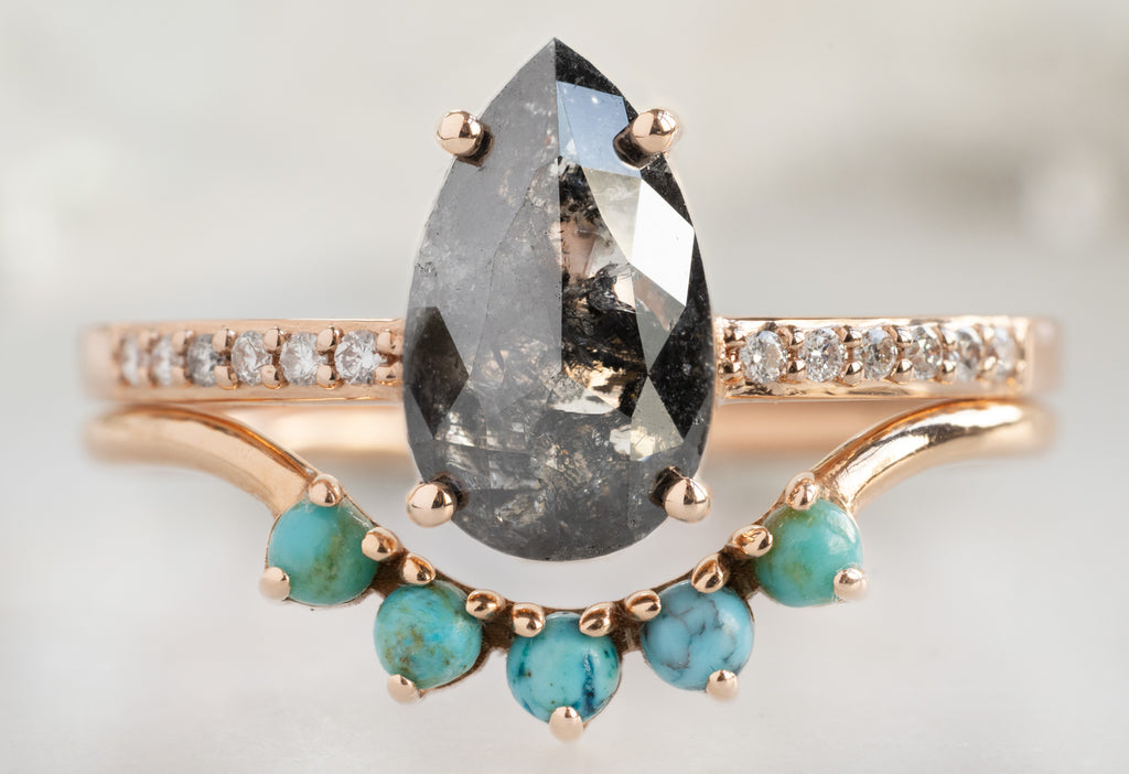 The Willow Ring with a Rose-Cut Black Diamond with Turquoise Stacking Band