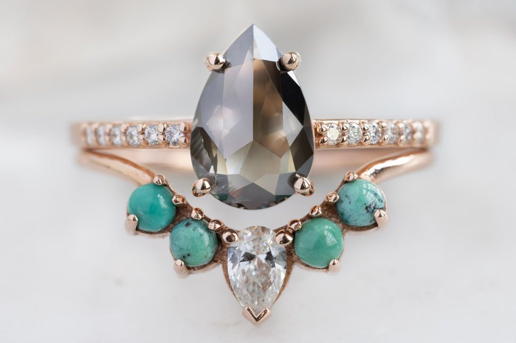 The Willow Ring with a Rose-Cut Black Diamond with Turquoise Stacking Band