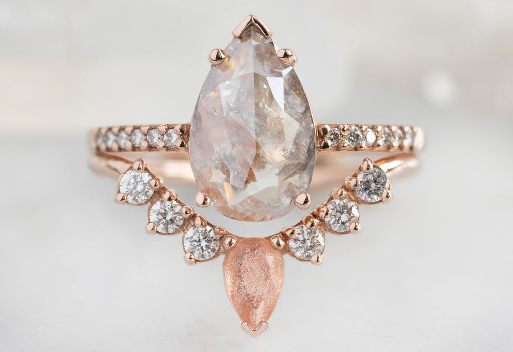 The Willow Ring with a Rose-Cut Pink Diamond with Diamond and Sunstone Stacking Band