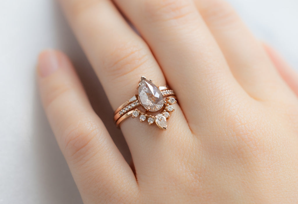 The Willow Ring with a Rose-Cut Pink Diamond with White Diamond Stacking Bands on Model