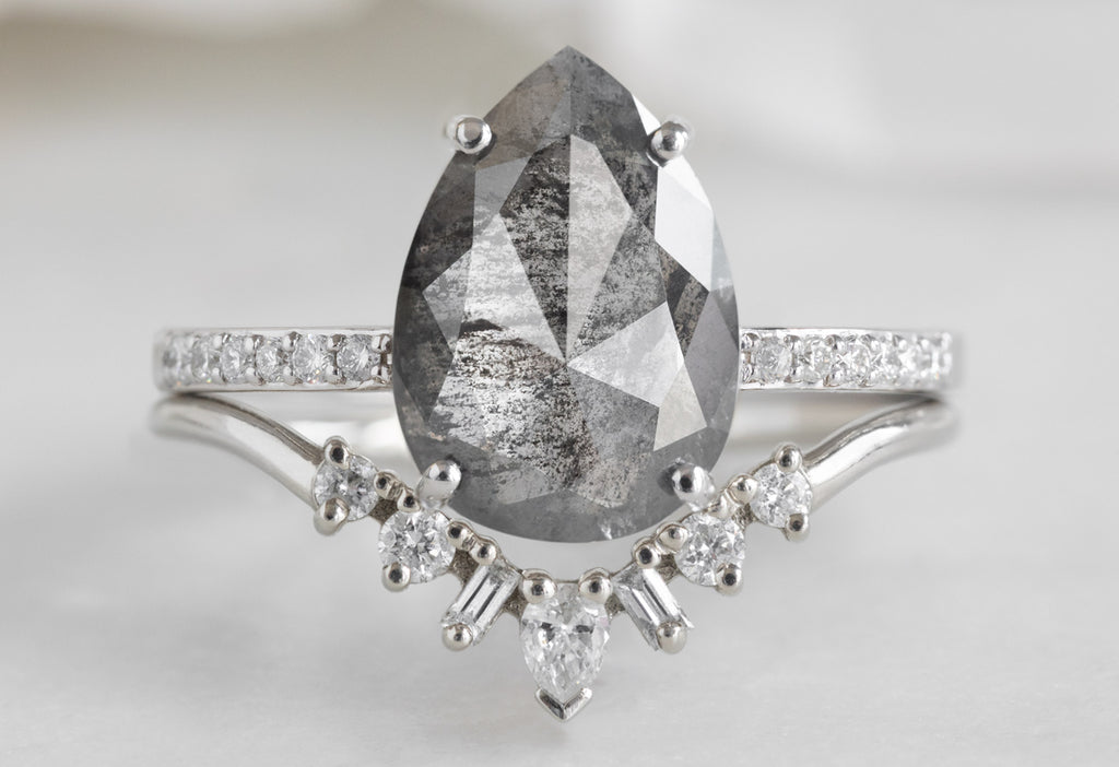 The Willow Ring with a Rose-Cut Salt and Pepper Diamond with Geometric Diamond Sunburst Stacking Band