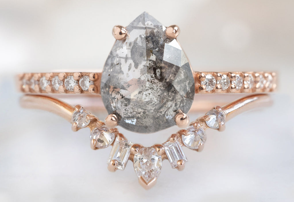 The Willow Ring with a Rose-Cut Salt and Pepper Diamond with the Geometric Diamond Sunburst Stacking Band