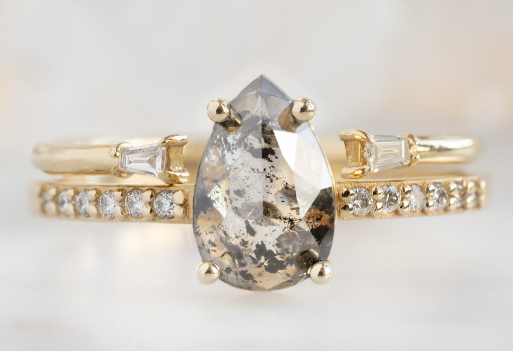 The Willow Ring with a Rose-Cut Salt and Pepper Diamond with Open Cuff Baguette Stacking Band