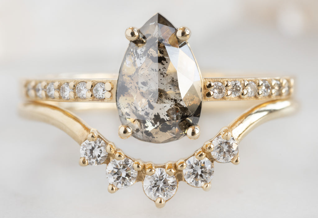 The Willow Ring with a Rose-Cut Salt and Pepper Diamond with Round Diamond Sunburst Stacking Band