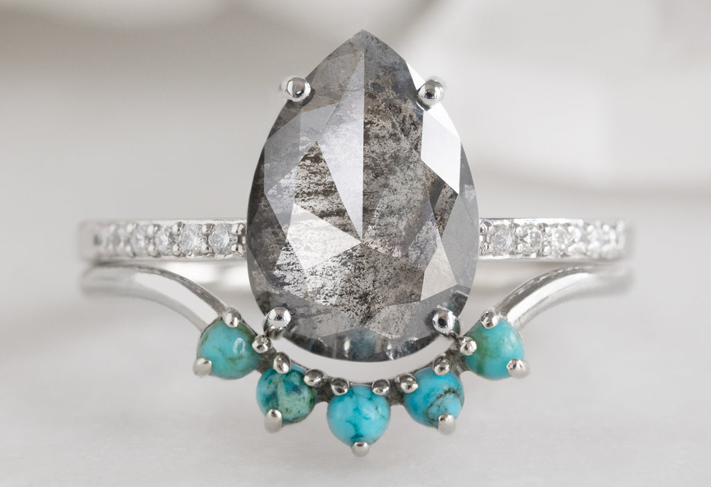 The Willow Ring with a Rose-Cut Salt and Pepper Diamond with Turquoise Sunburst Stacking Band