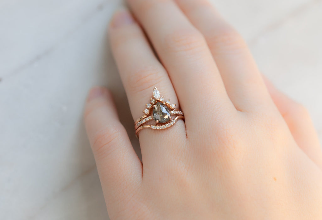 The Willow Ring with a Rose-Cut Salt and Pepper Diamond Rich with White Diamond Stacking Bands on Model