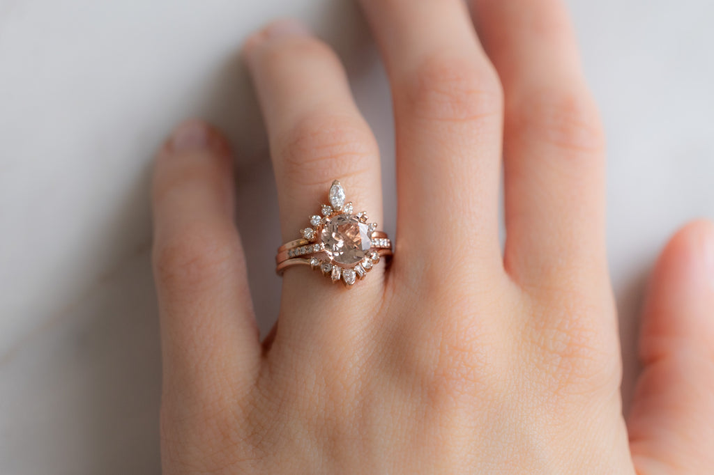 The Willow Ring with a Round-Cut Morganite with Stacking Bands on Model