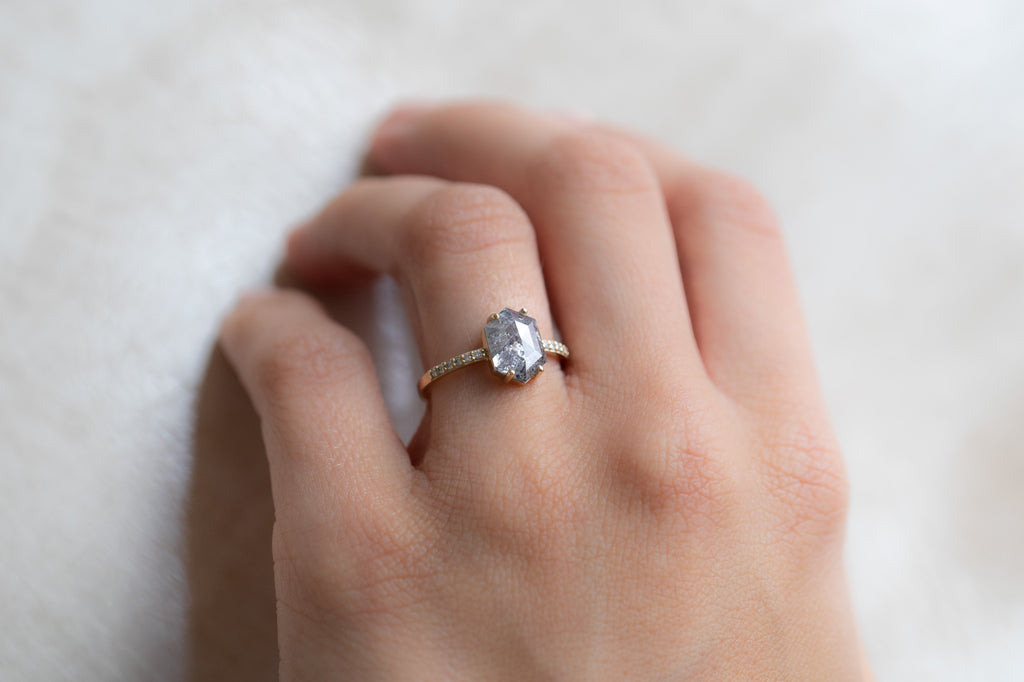 The Willow Ring with a Salt and Pepper Hexagon Diamond on model