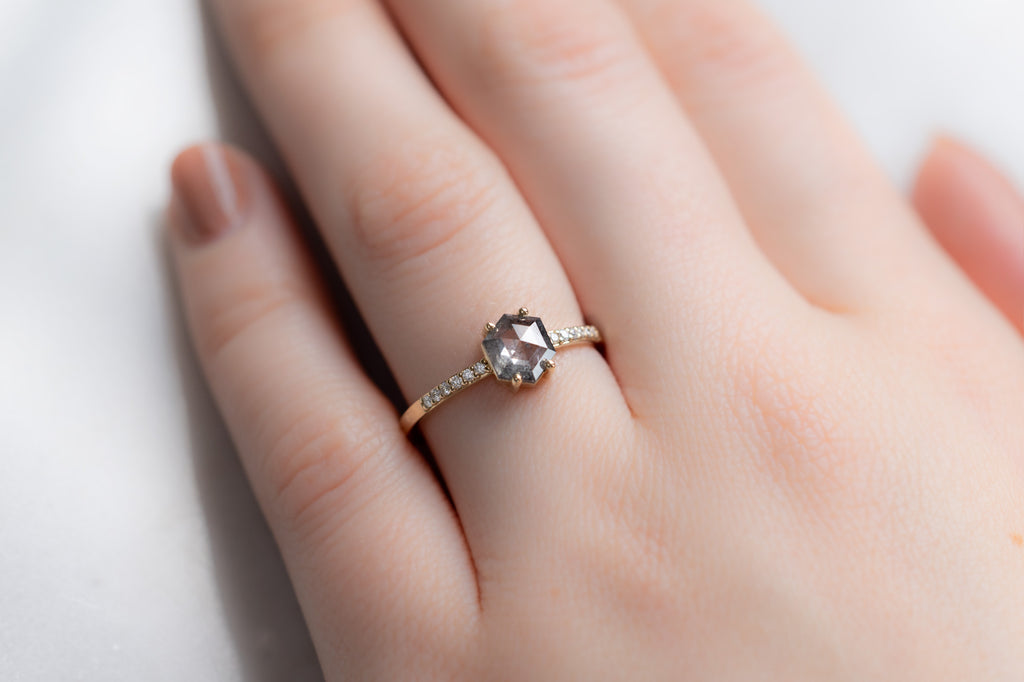 The Willow Ring with a Salt and Pepper Hexagon Diamond on Model
