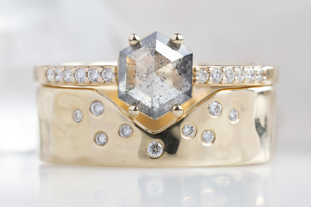 The Willow Ring with a Salt and Pepper Hexagon Diamond with Stacking Band