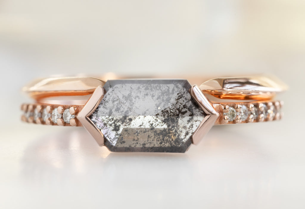 The Willow Ring with a Salt and Pepper Hexagon Diamond with Open Cuff Knife Edge Stacking Band