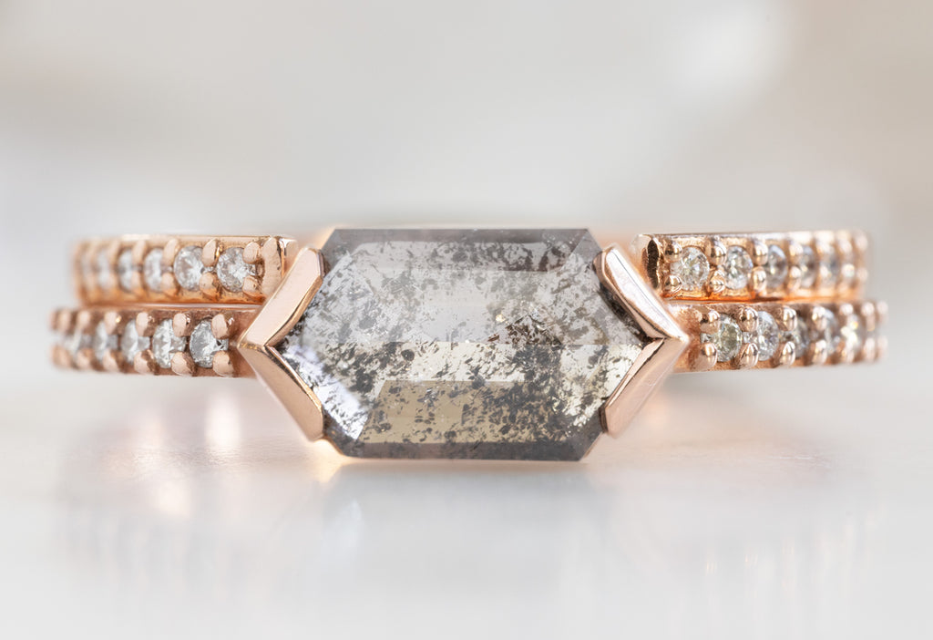 The Willow Ring with a Salt and Pepper Hexagon Diamond with Open Cuff Pavé Stacking Band