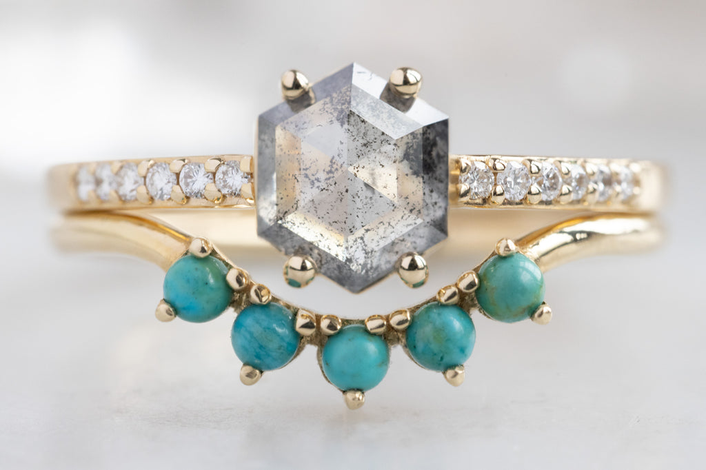 The Willow Ring with a Salt and Pepper Hexagon Diamond with Turquoise Stacking Band