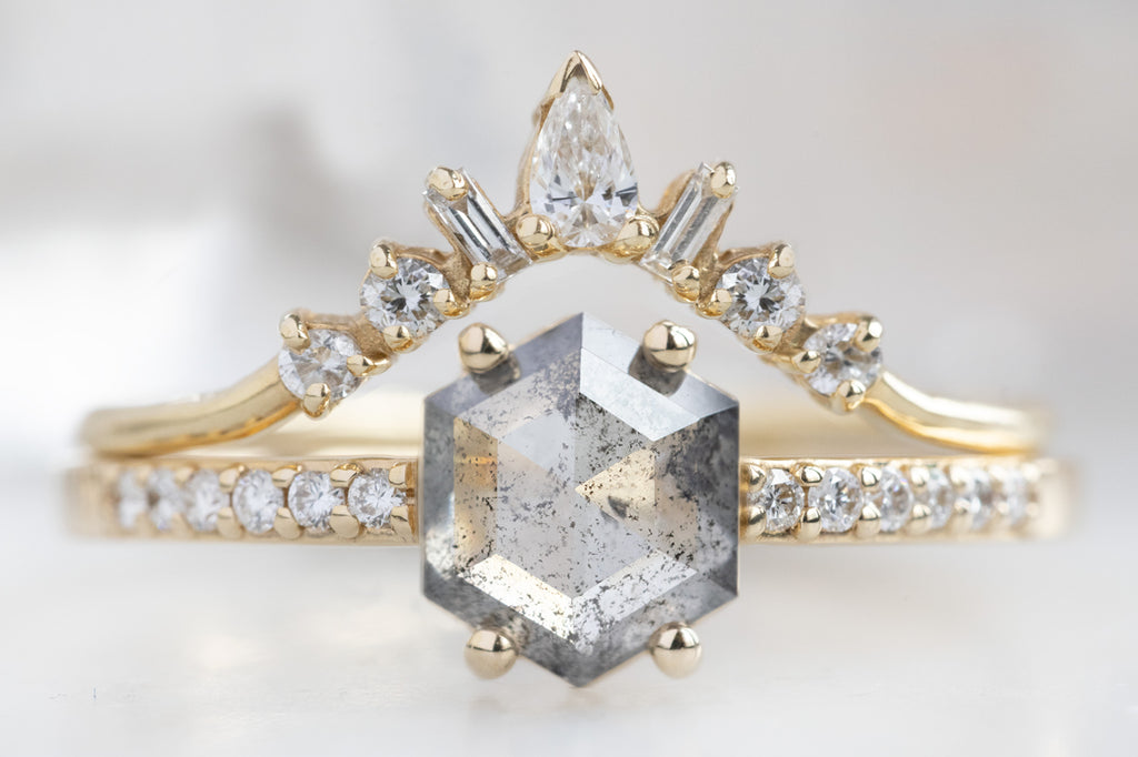 The Willow Ring with a Salt and Pepper Hexagon Diamond with Geometric Diamond Stacking Band