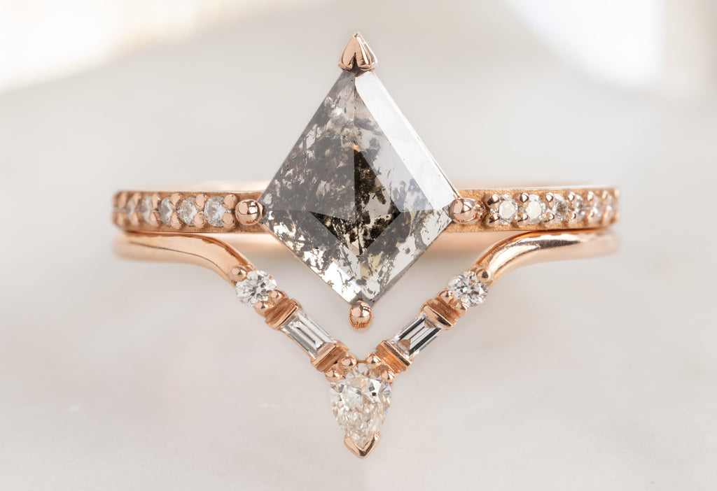 The Willow Ring with a Salt and Pepper Kite Diamond with White Diamond Tiara Stacking Band