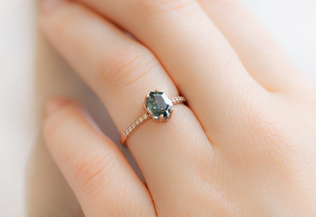 The Willow Ring with a Sapphire Hexagon on Model