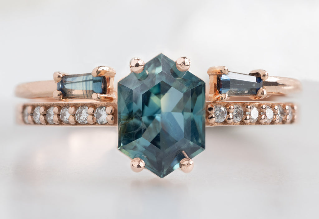 The Willow Ring with a Sapphire Hexagon with Open Cuff Montana Sapphire Baguette Stacking Band