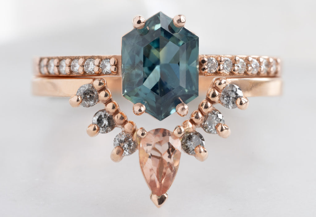 The Willow Ring with a Sapphire Hexagon with Sunstone and Diamond Sunburst Stacking Band