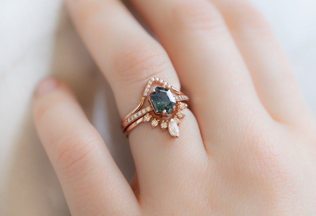 The Willow Ring with a Sapphire Hexagon with White Diamond Stacking Bands on Model