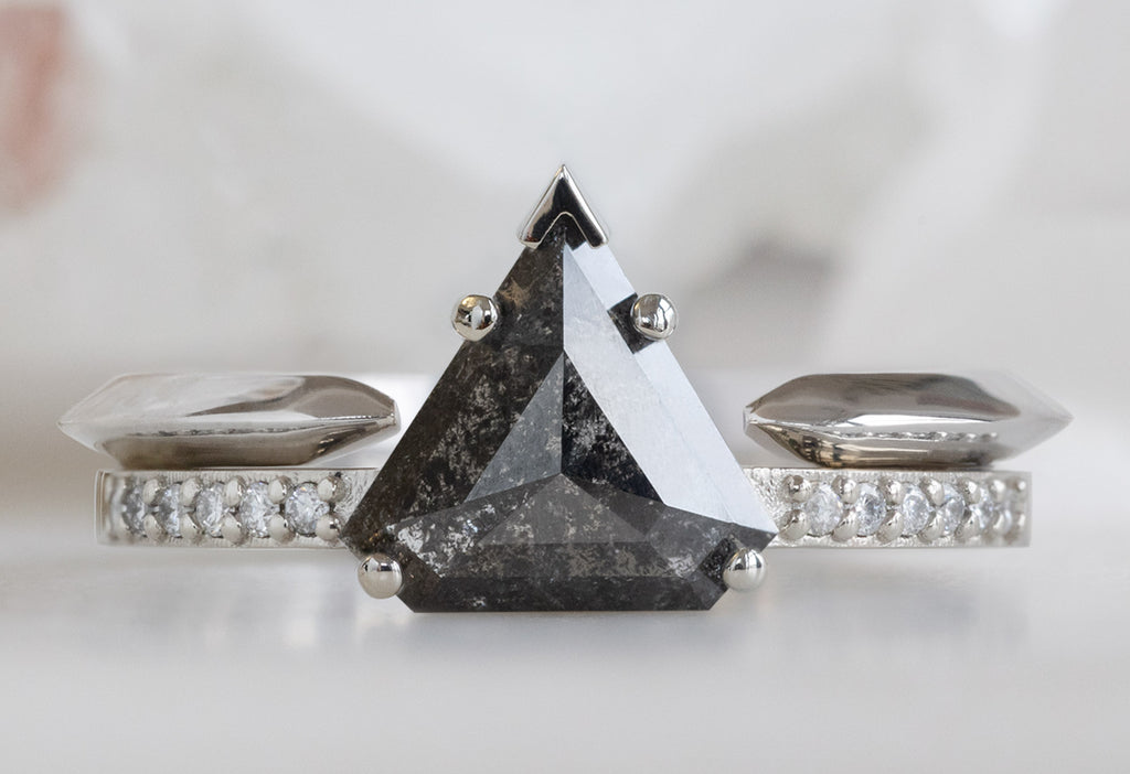 The Willow Ring with a Shield-Cut Black Diamond with Open Cuff Knife-Edge Stacking Band