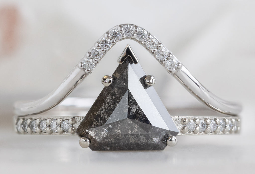 The Willow Ring with a Shield-Cut Black Diamond with Pavé Peak Stacking Band