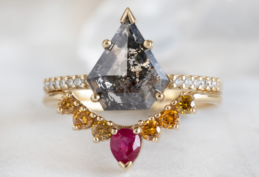 The Willow Ring with a Shield-Cut Black Diamond with Ruby Stacking Band