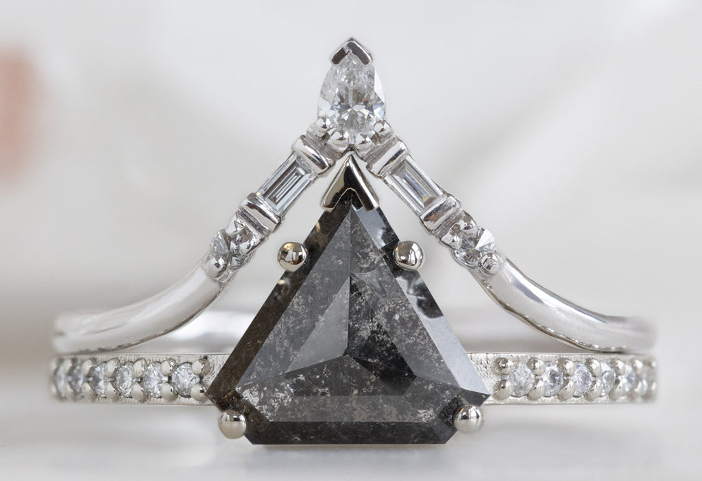 The Willow Ring with a Shield-Cut Black Diamond with White Diamond Tiara Stacking Band