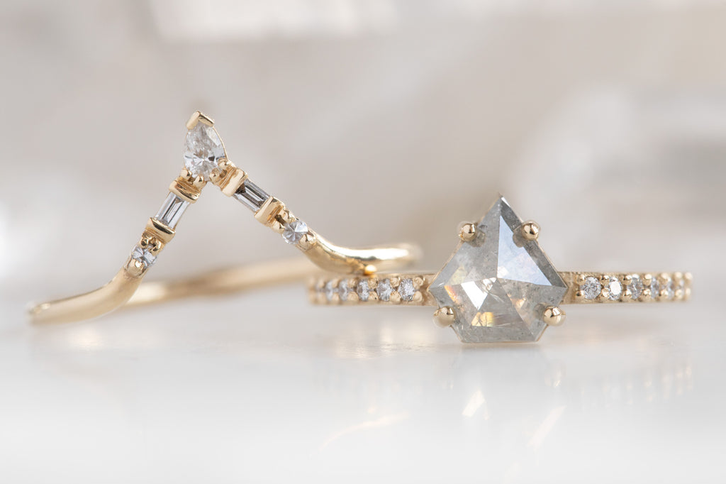The Willow Ring with a Shield-Cut Grey Diamond With Stacking Band