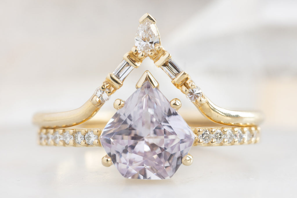 The Willow Ring with a Shield-Cut Lilac Sapphire with Diamond Tiara Stacking Band