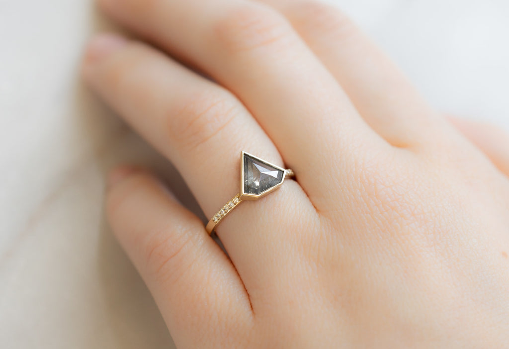 The Willow Ring with a Shield-Cut Salt and Pepper Diamond on Model
