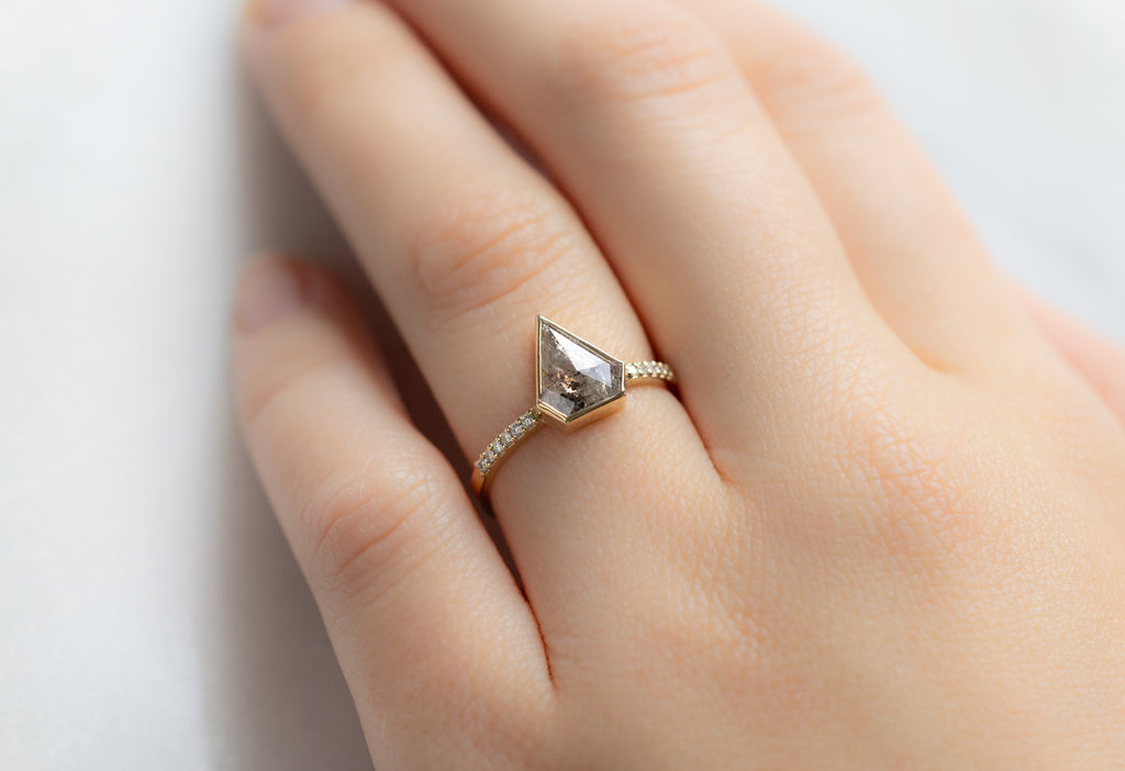The Willow Ring with a Shield-Cut Salt and Pepper Diamond on Model