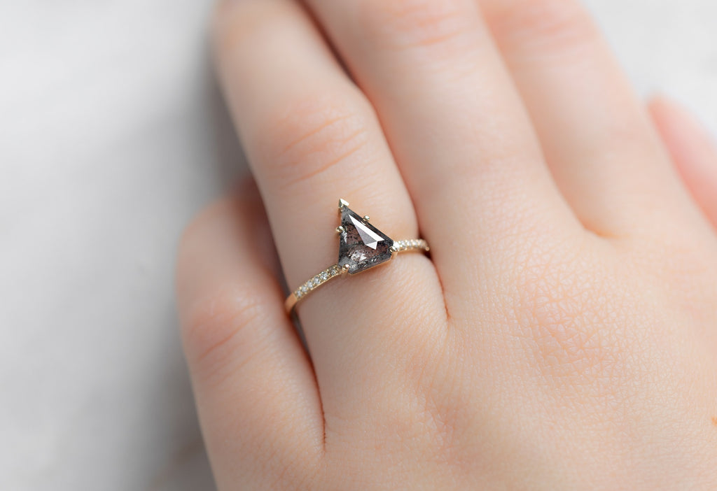 The Willow Ring with a Shield-Cut Salt and Pepper Diamond on Model