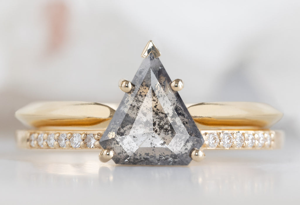 The Willow Ring with a Shield-Cut Salt and Pepper Diamond with Knife-Edge Stacking Band