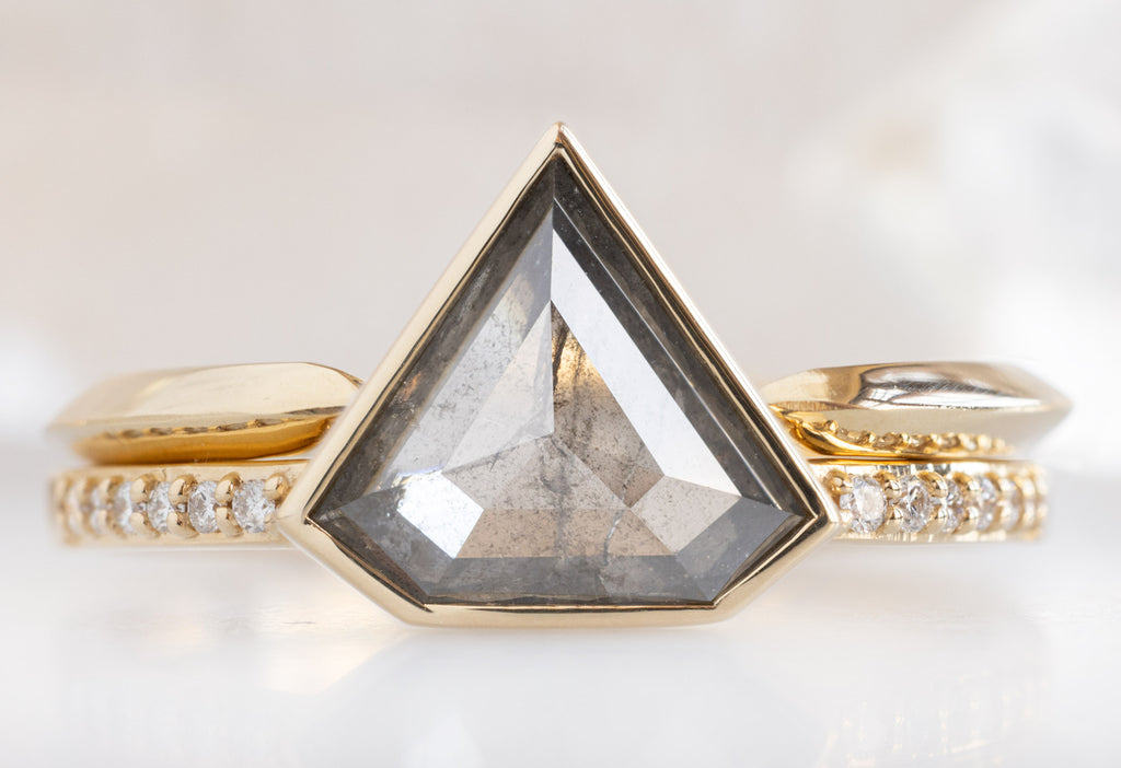 The Willow Ring with a Shield-Cut Salt and Pepper Diamond with Open Cuff Knife Edge Stacking Band