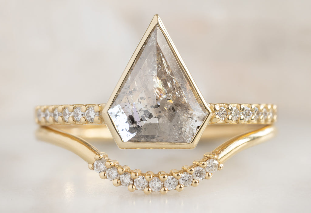 The Willow Ring with a Shield-Cut Salt and Pepper Diamond with Pavé Arc Stacking Band