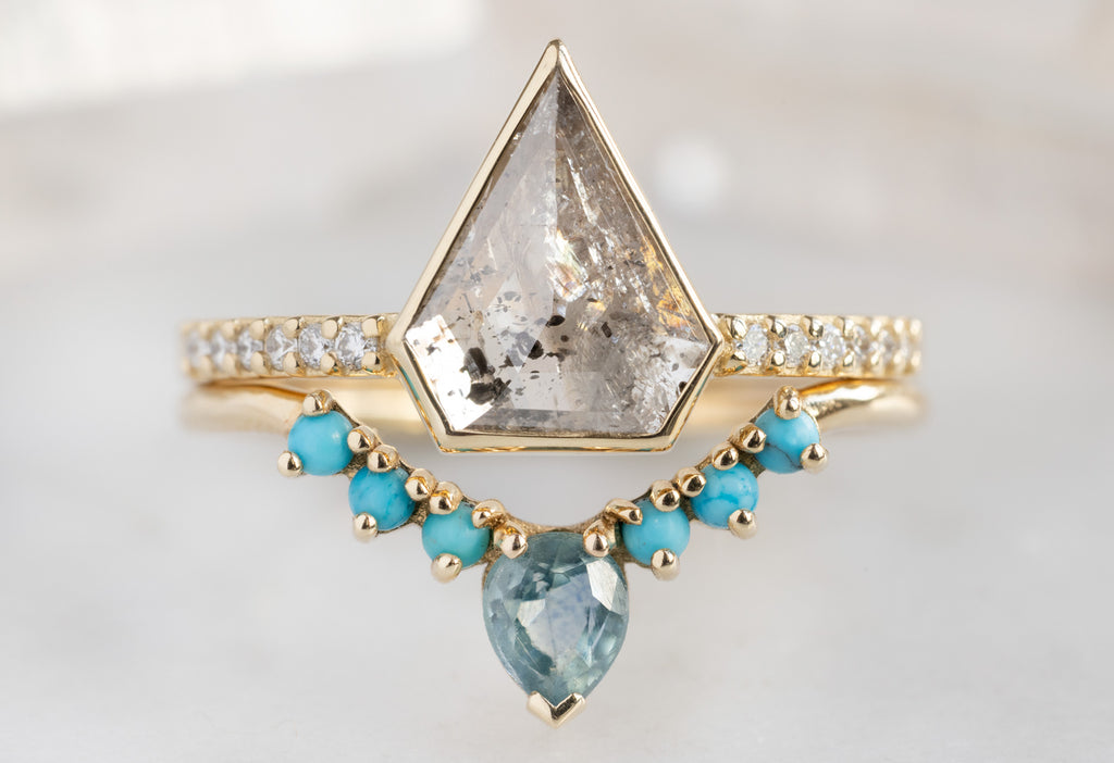 The Willow Ring with a Shield-Cut Salt and Pepper Diamond with Turquoise and Sapphire Stacking Band