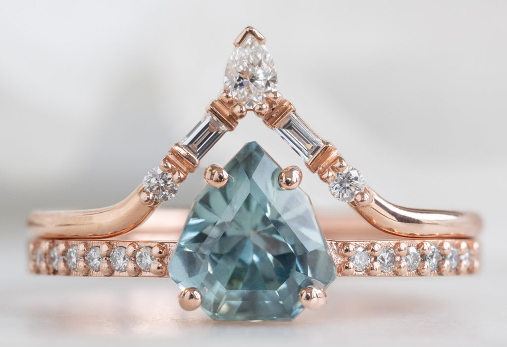The Willow Ring with a Shield-Cut Sapphire with White Diamond Tiara Stacking Band