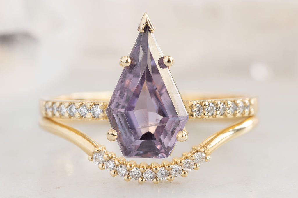 The Willow Ring with a Shield-Cut Violet Sapphire with White Diamond Pavé Stacking Band