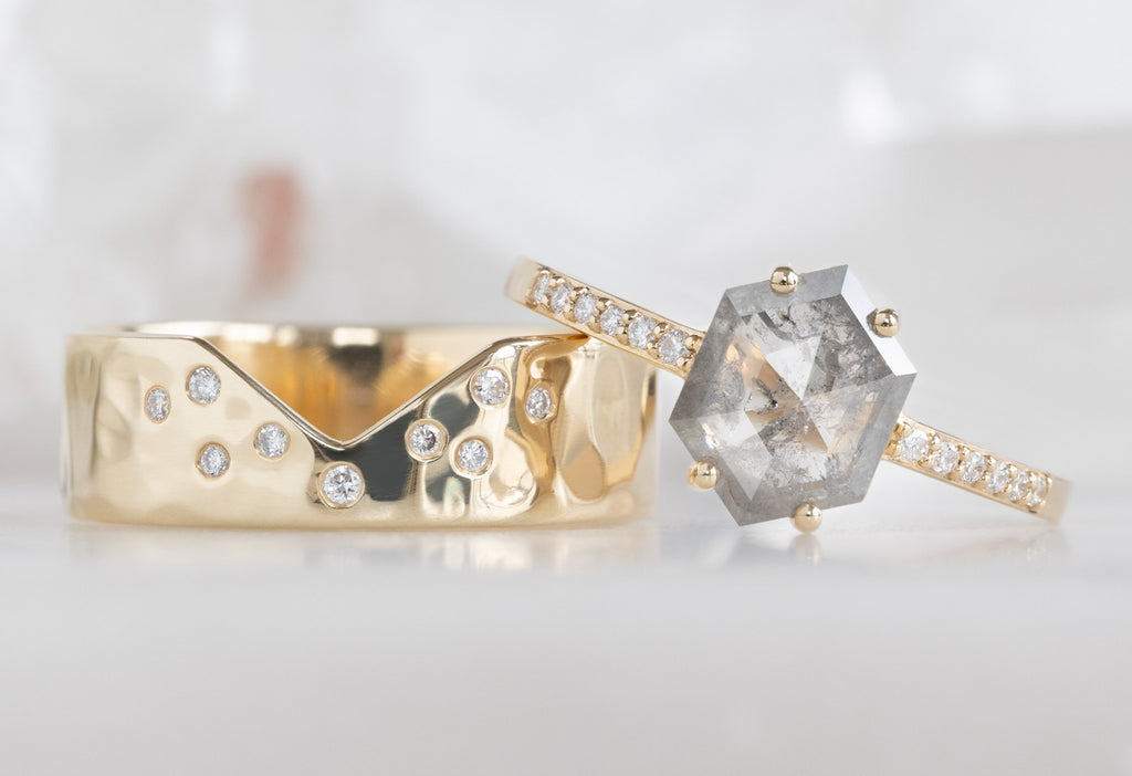 The Willow Ring with a Silvery Grey Hexagon Diamond with Constellation Cut-Out Stacking Band