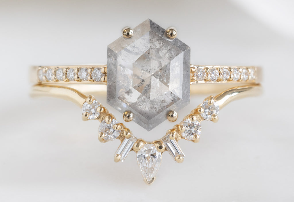 The Willow Ring with a Silvery Grey Hexagon Diamond with White Diamond Geometric Sunburst
