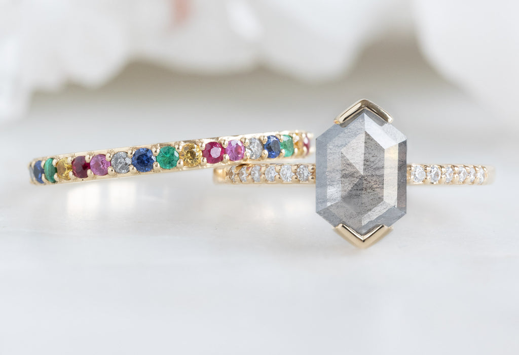 The Willow Ring with a Silvery Grey Hexagon Diamond with Rainbow Sapphire Stacking Band