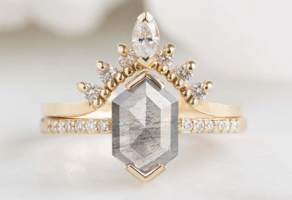 The Willow Ring with a Silvery Grey Hexagon Diamond with White Diamond Sunburst Stacking Band