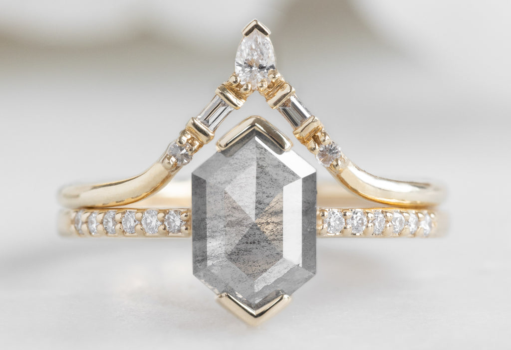 The Willow Ring with a Silvery Grey Hexagon Diamond with White Diamond Tiara Stacking Band