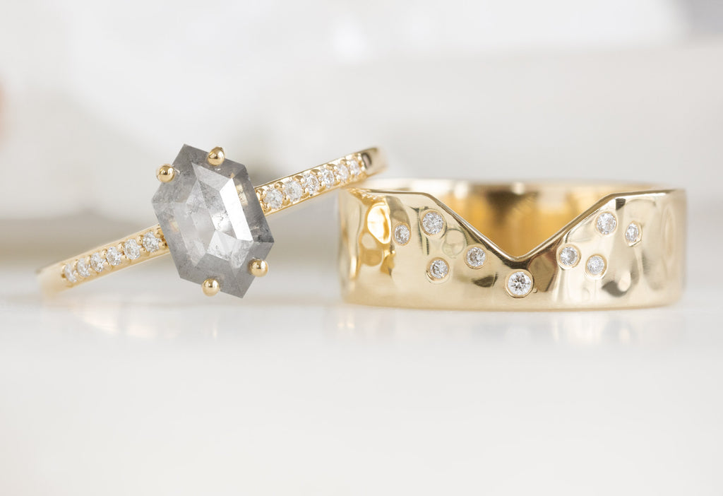 The Willow Ring with a Silvery Grey Hexagonal Diamond with Constellation Cut-Out Stacking Band