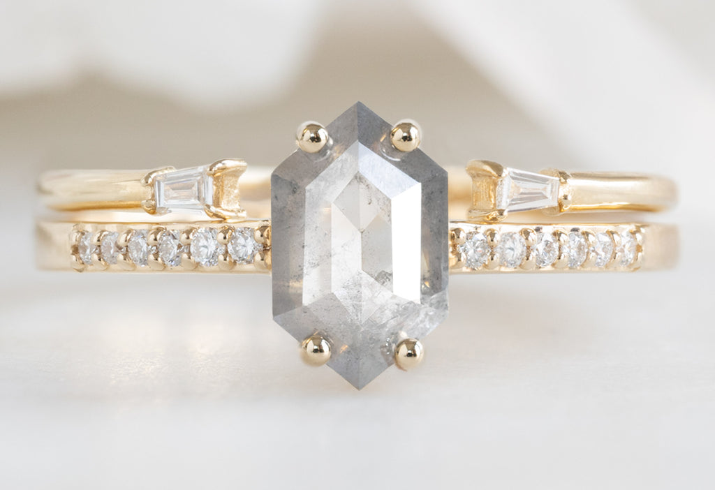 The Willow Ring with a Silvery Grey Hexagonal Diamond with Open Cuff Baguette Stacking Band