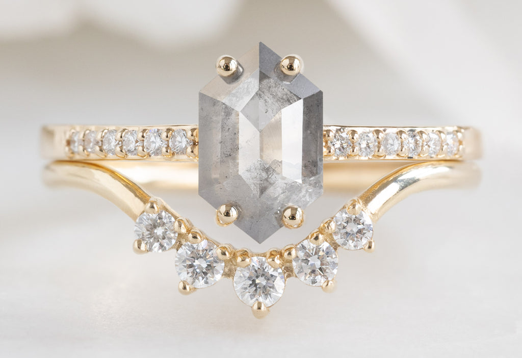 The Willow Ring with a Silvery Grey Hexagonal Diamond with Round Diamond Sunburst Stacking Band