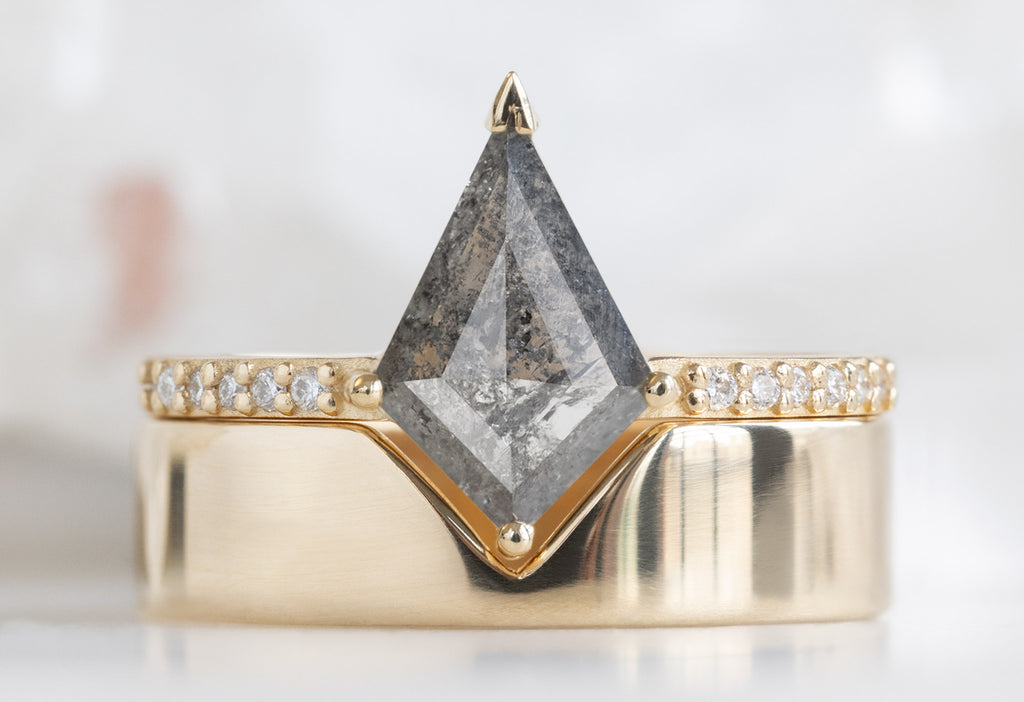 The Willow Ring with a Silvery-Grey Kite Diamond with Gold Cut-Out Stacking Band